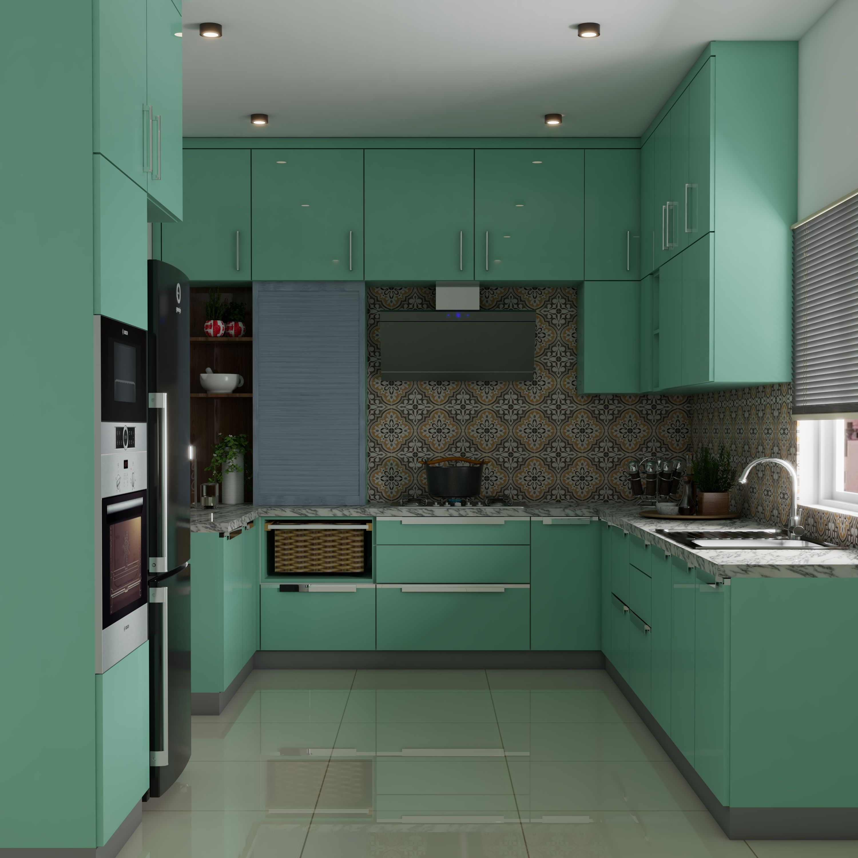 Modern Green Themed Kitchen Design with White Marble Top