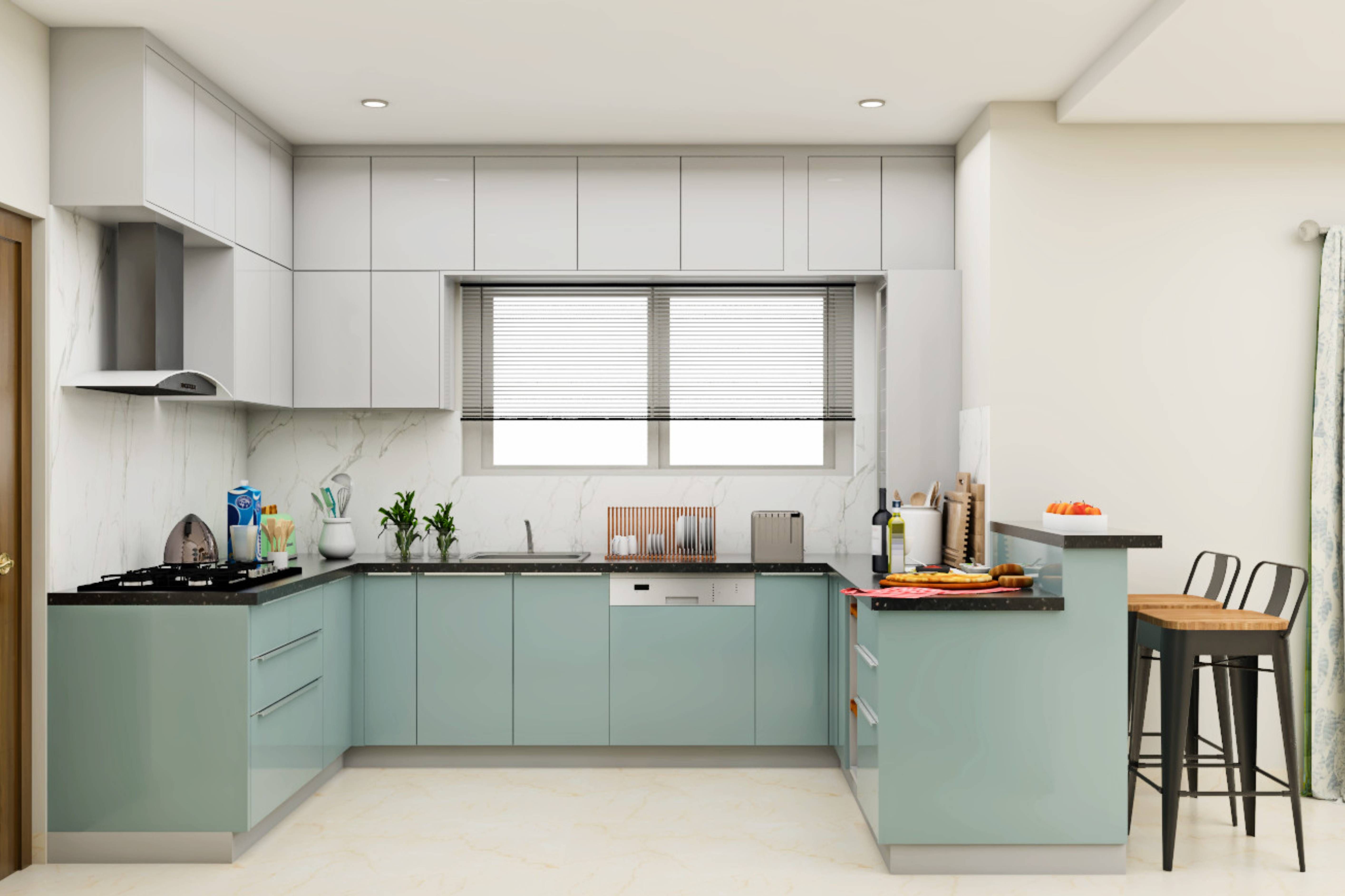 Modern U-Shaped Modular Kitchen Design With Breakfast Counter