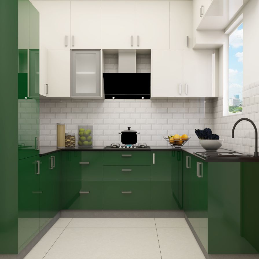 Green And White U-Shaped Modern Kitchen Design