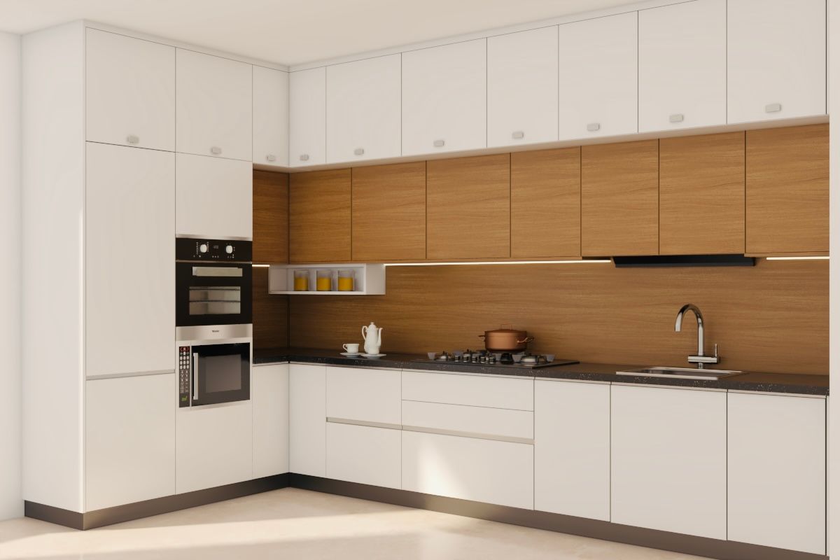 Contemporary White And Wood Kitchen Design With In-Built Appliances ...