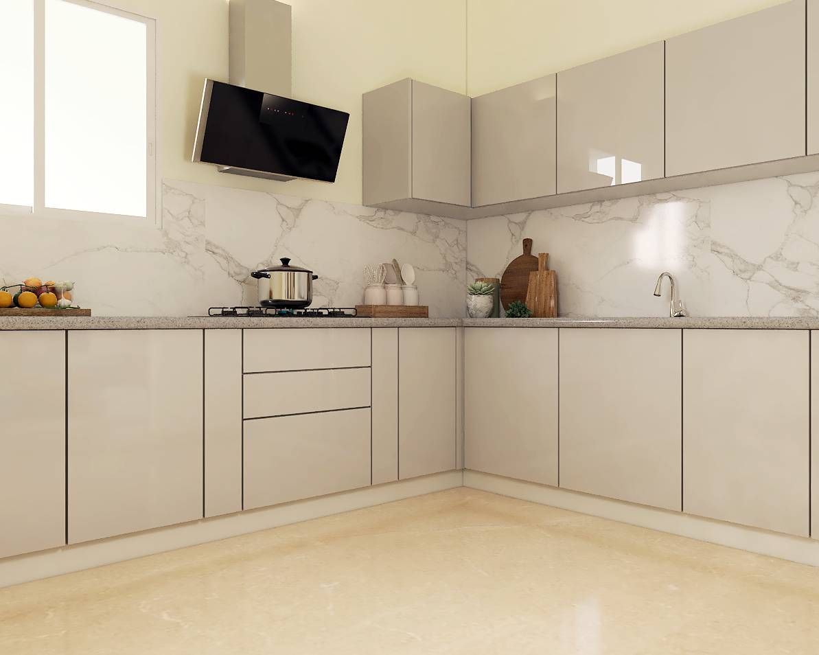 L-Shaped Modern Kitchen Design With White Marble Dado