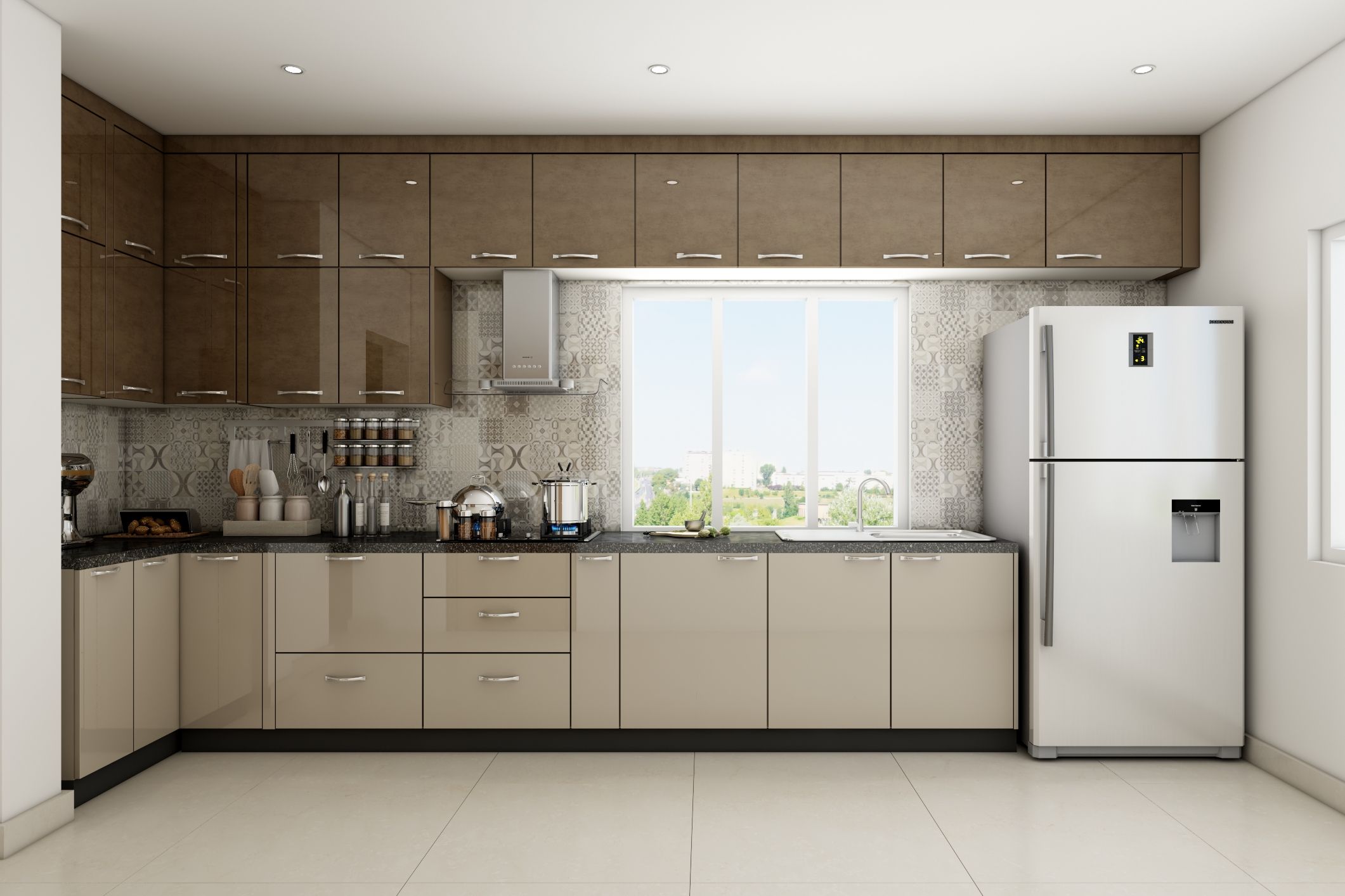 Modern Spacious Beige And Brown L-Shaped Kitchen Design