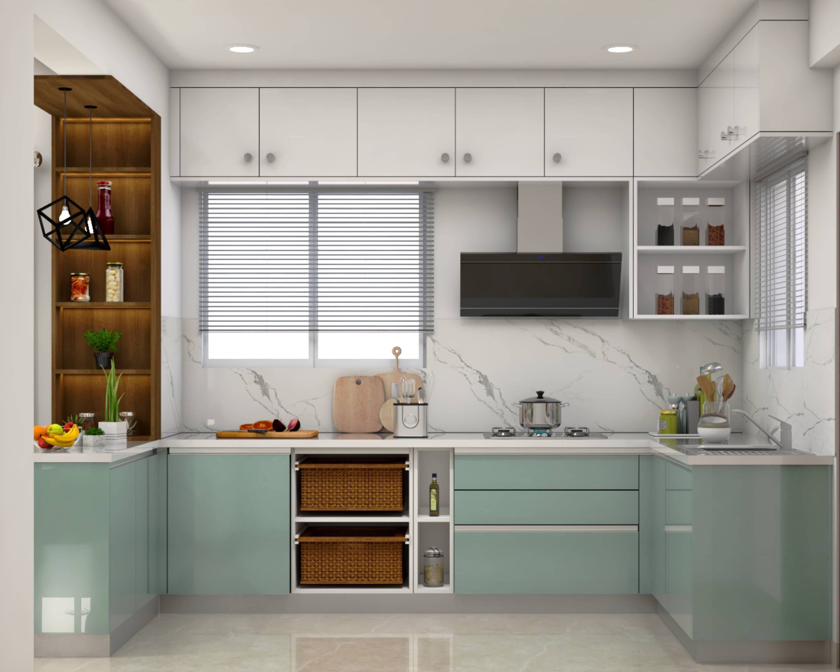 Spacious Modular U-Shaped Kitchen Design With Pastel Blue Cabinet