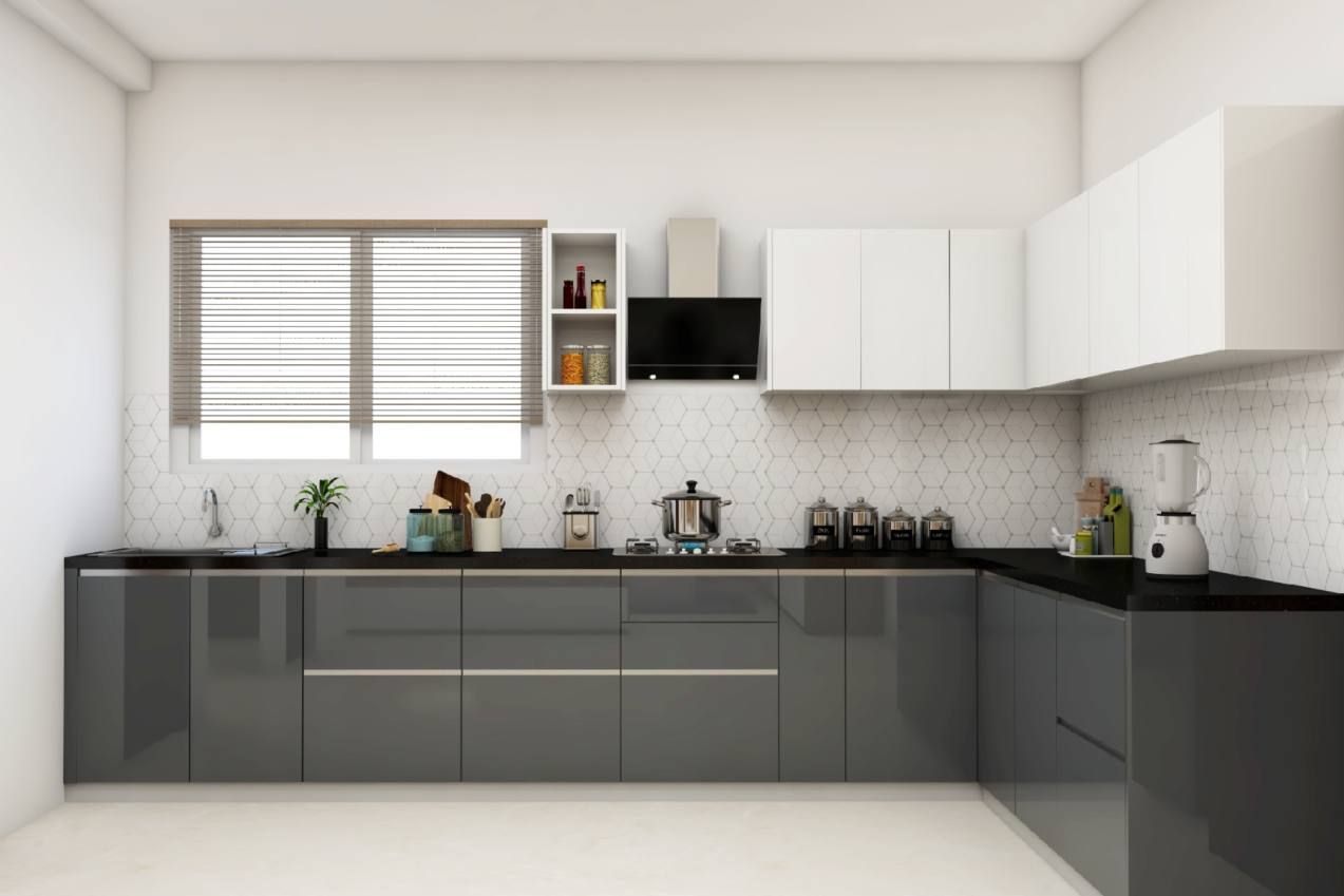 Dark Grey L-Shaped Kitchen Design With Glossy Laminates | Livspace