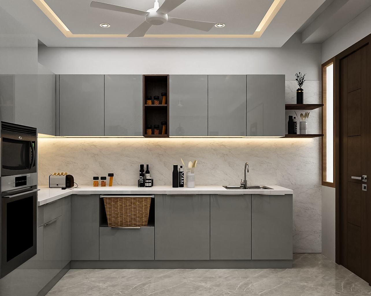 Modern Grey-Themed Open Kitchen Design With Kitchen Island