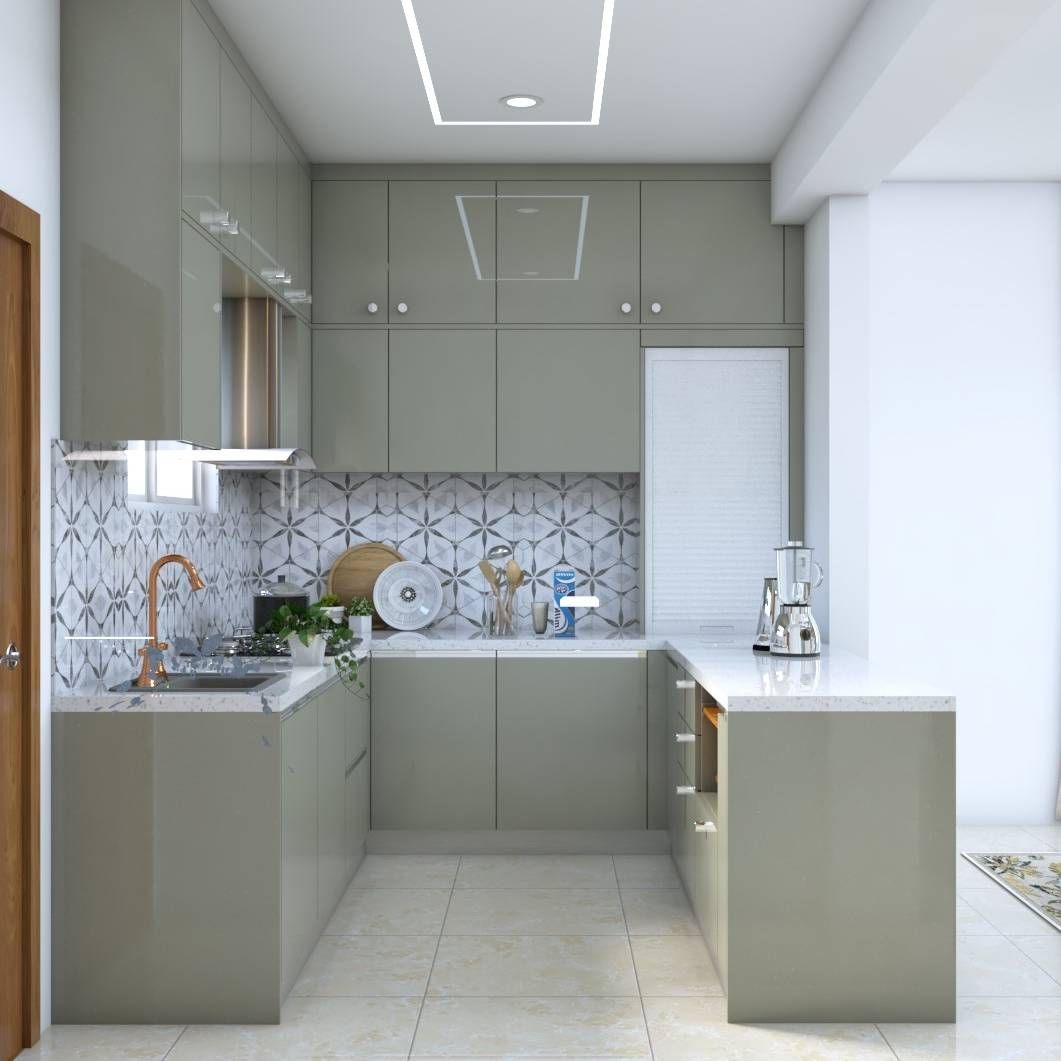 Modern Modular U-Shaped Kitchen Design With White Dado Tiles