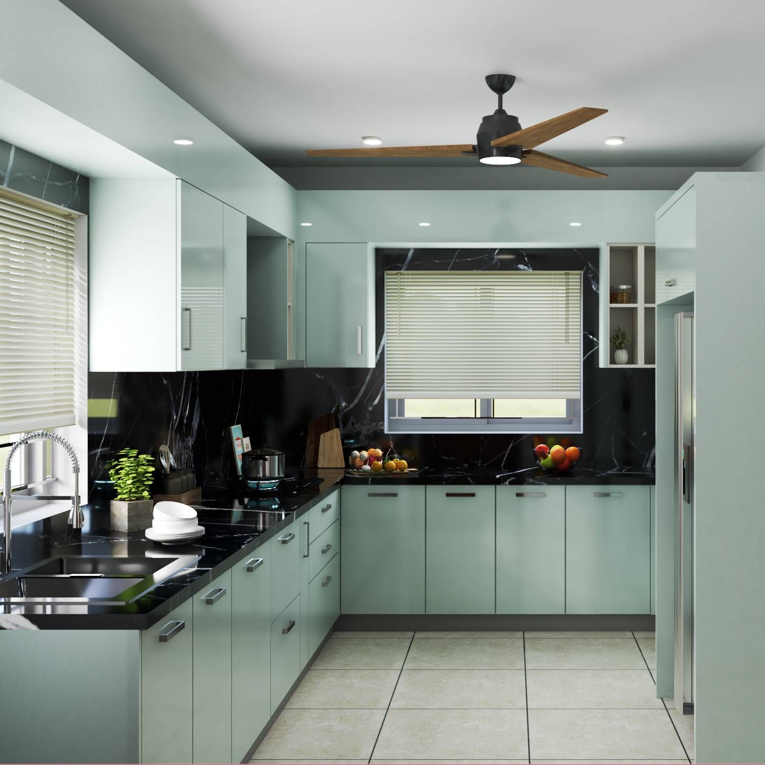 Modern Blue Modular Kitchen Design With Black Countertop