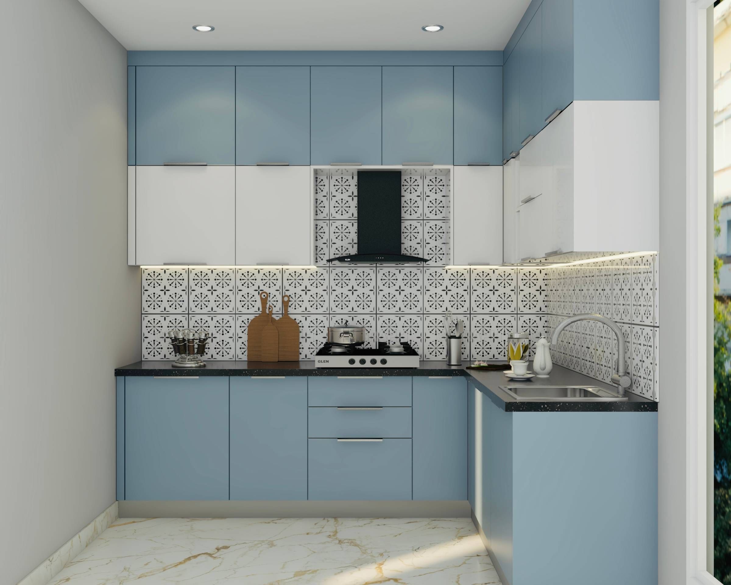 Contemporary L-Shaped Blue Modular Kitchen Design