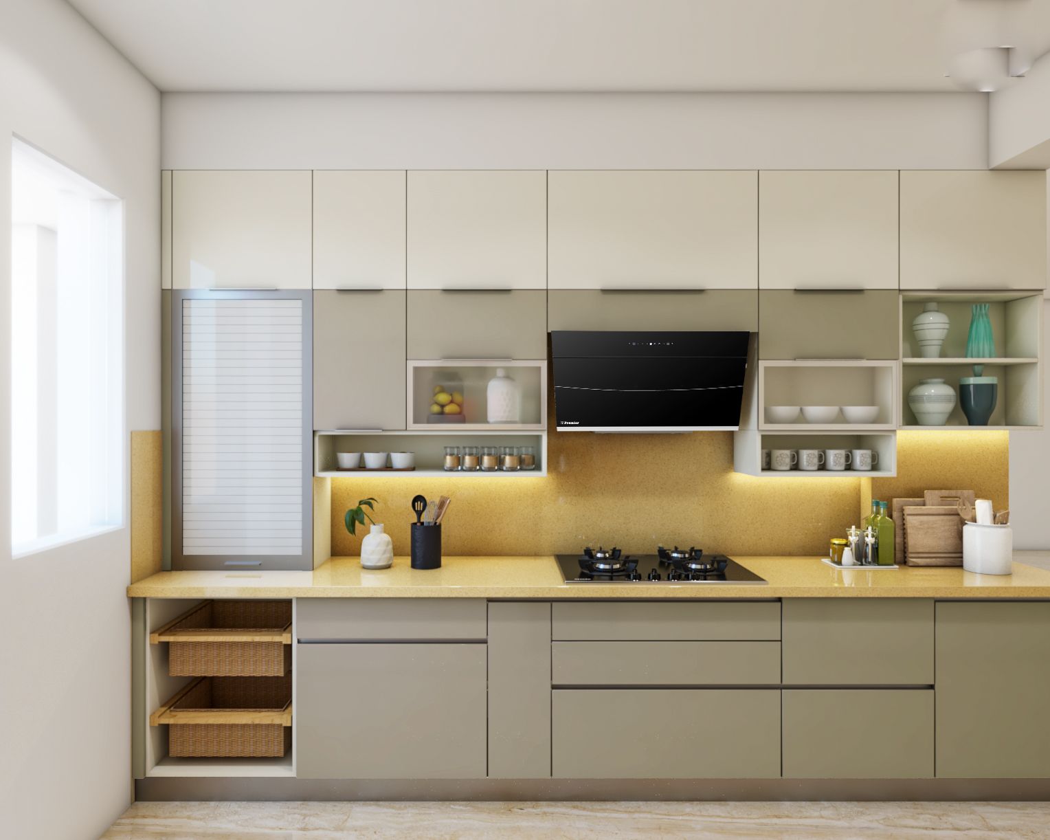 Spacious Kitchen Design With Aluminium Frames And Glass Shutters ...