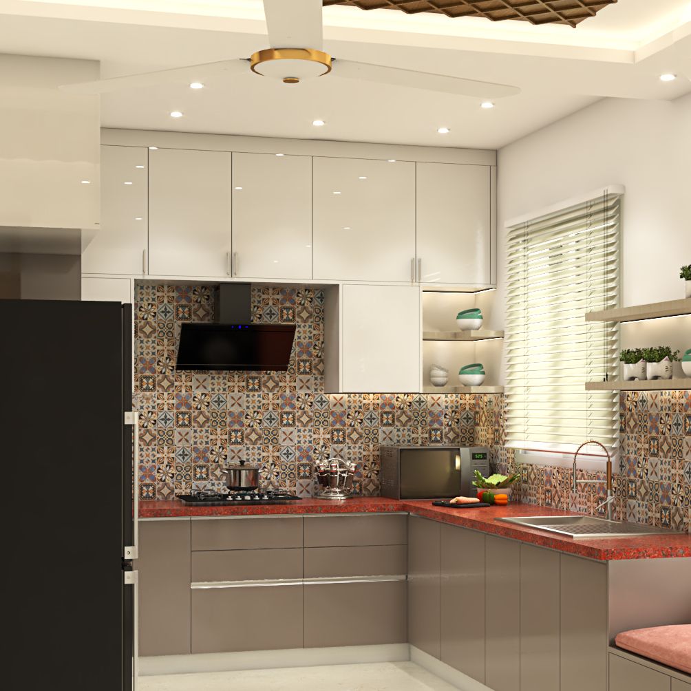 Compact Brown And White Kitchen Design With Glossy Laminates