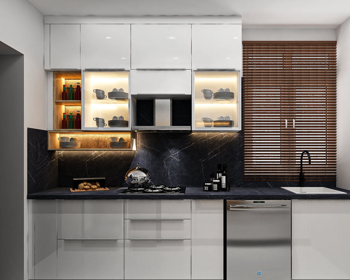 Modern Modular Kitchen Design With Marble Dado Tiles