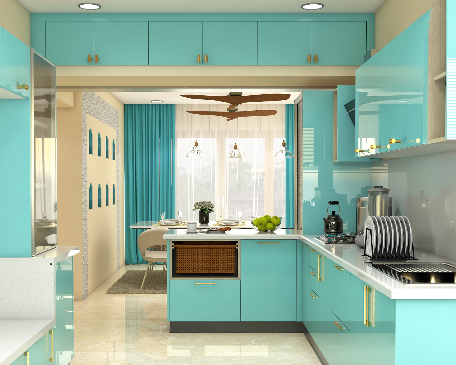 Spacious Aqua-Blue L-Shaped Kitchen Design