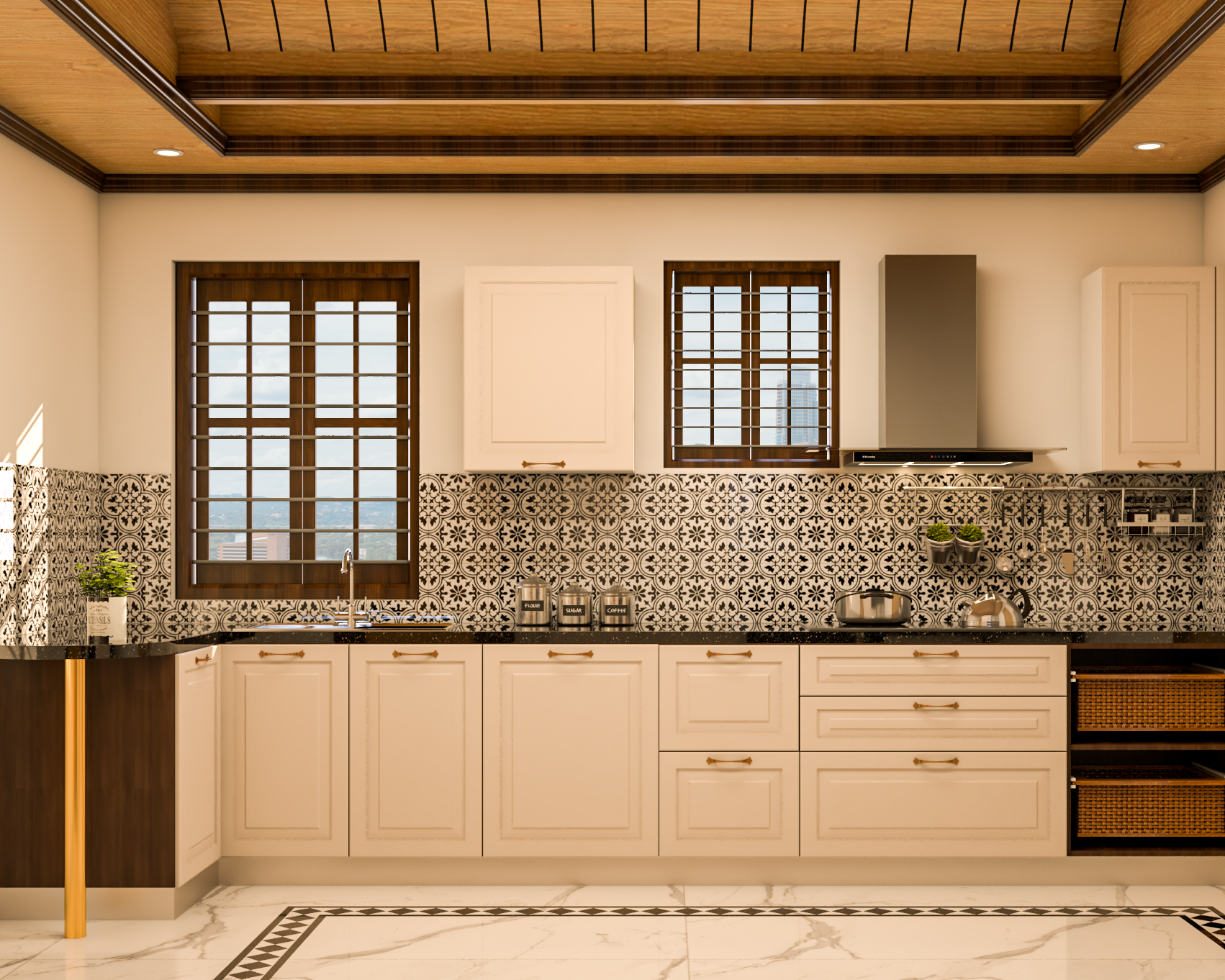 Spacious L-Shaped Kitchen Design With Wooden False Ceiling