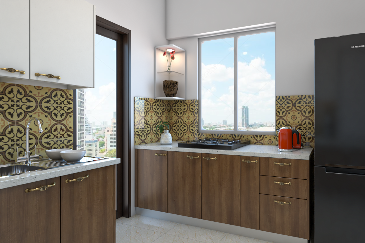 Modern Modular Kitchen Cabinet Design With Brown Wooden-Grain Laminates
