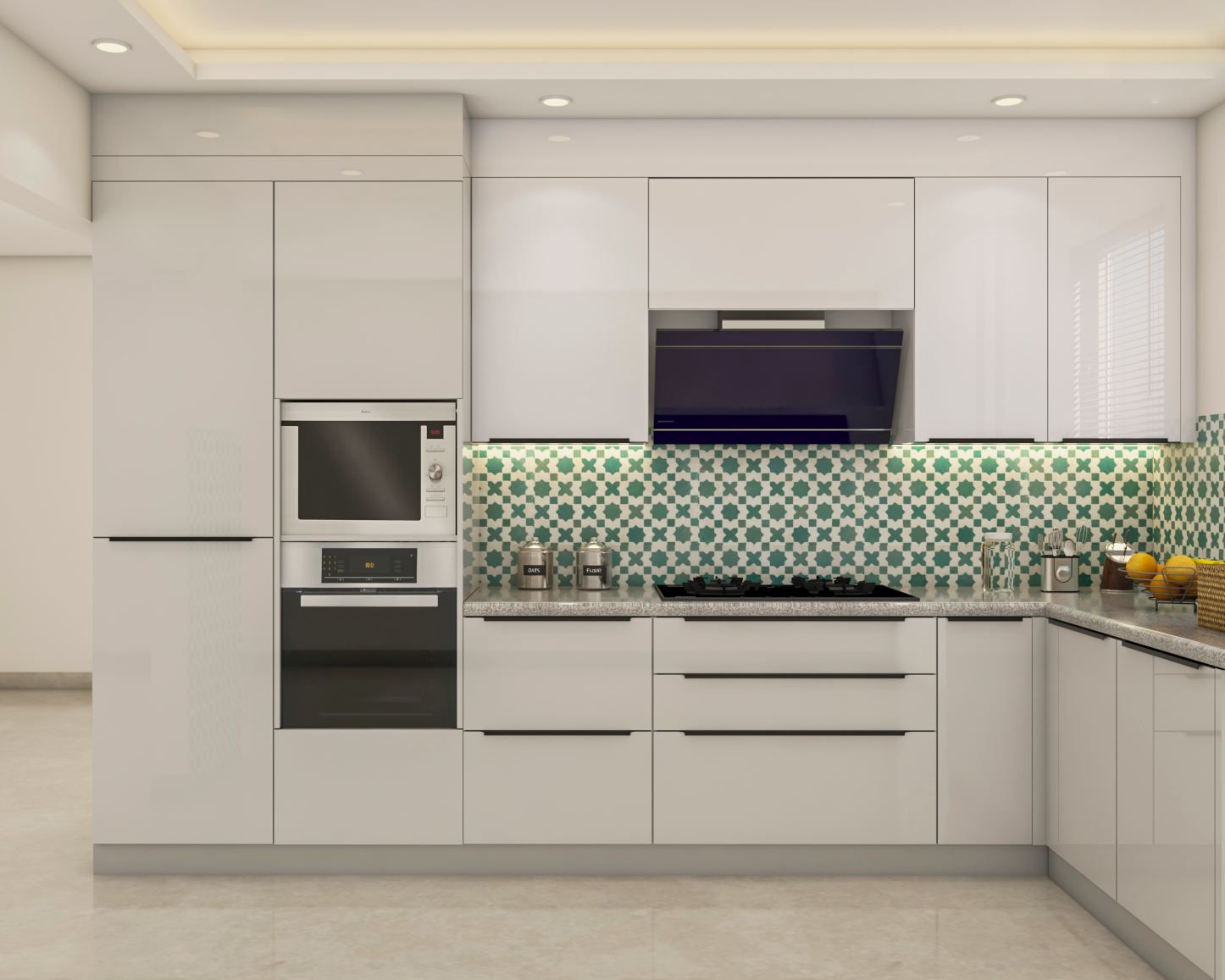 U-Shaped Modern Kitchen Design With Green Dado Tiles