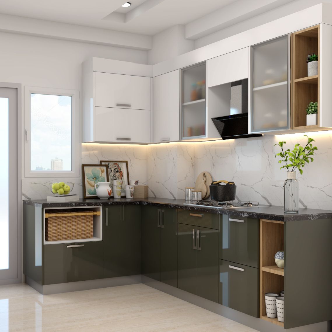 Modern Green And White Modular Kitchen Design