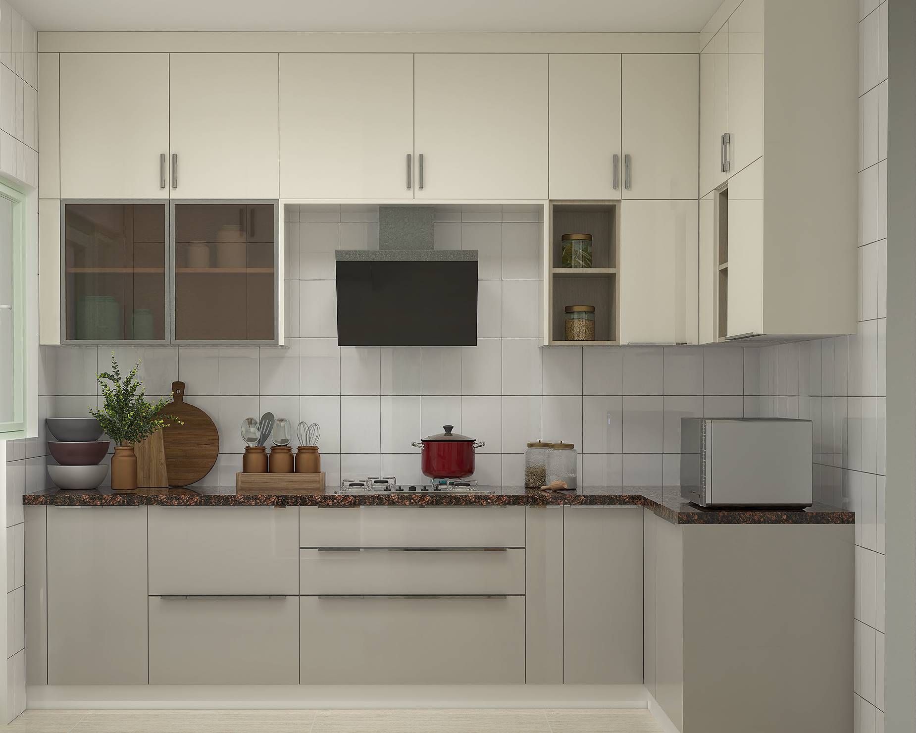 White And Grey Modular L-Shaped Kitchen Design