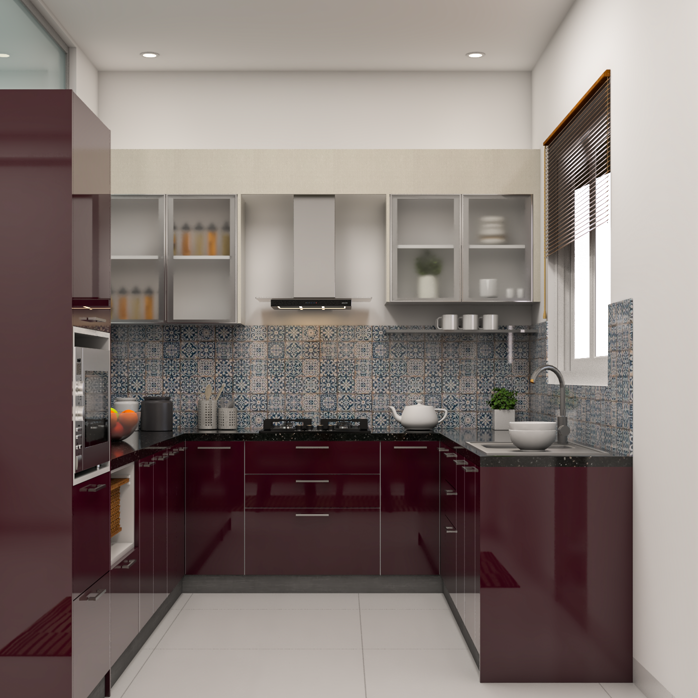 Contemporary Maroon And Beige U-Shaped Kitchen Design