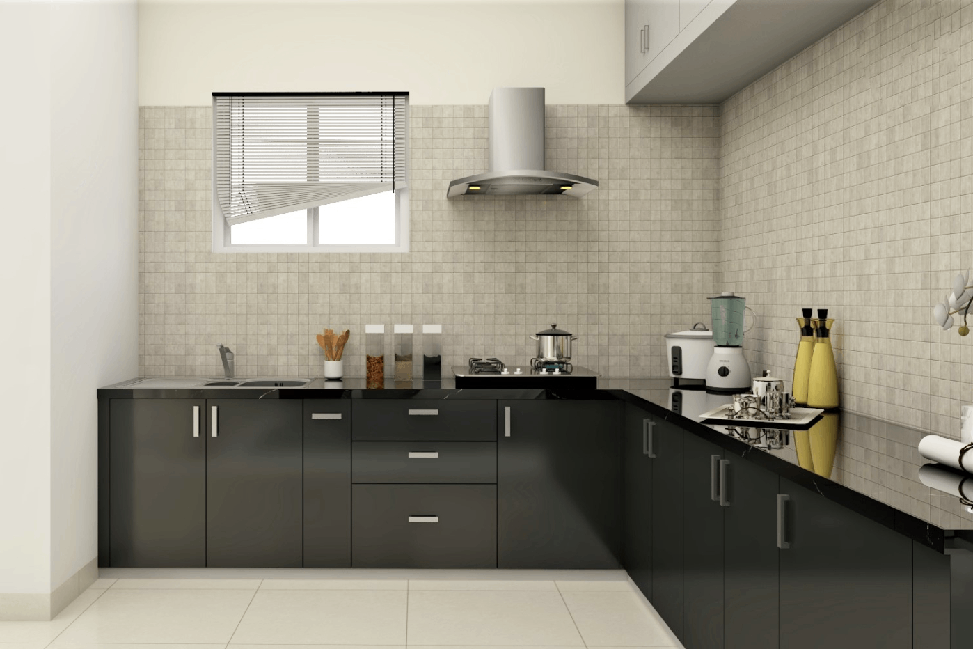 Spacious Modern L-Shaped Kitchen Design In Black And Grey