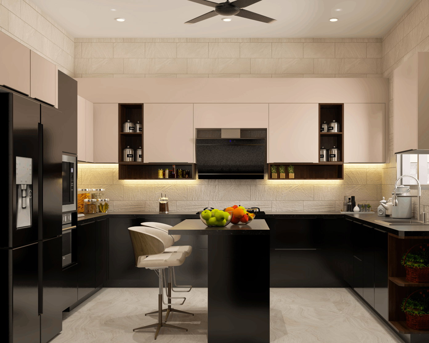 Modular U-Shaped Kitchen Design In Black And White