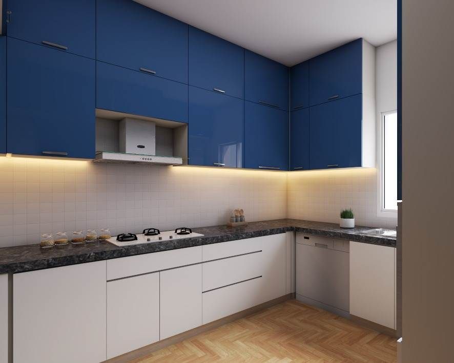 Modern White And Dark Blue Modular Kitchen Design