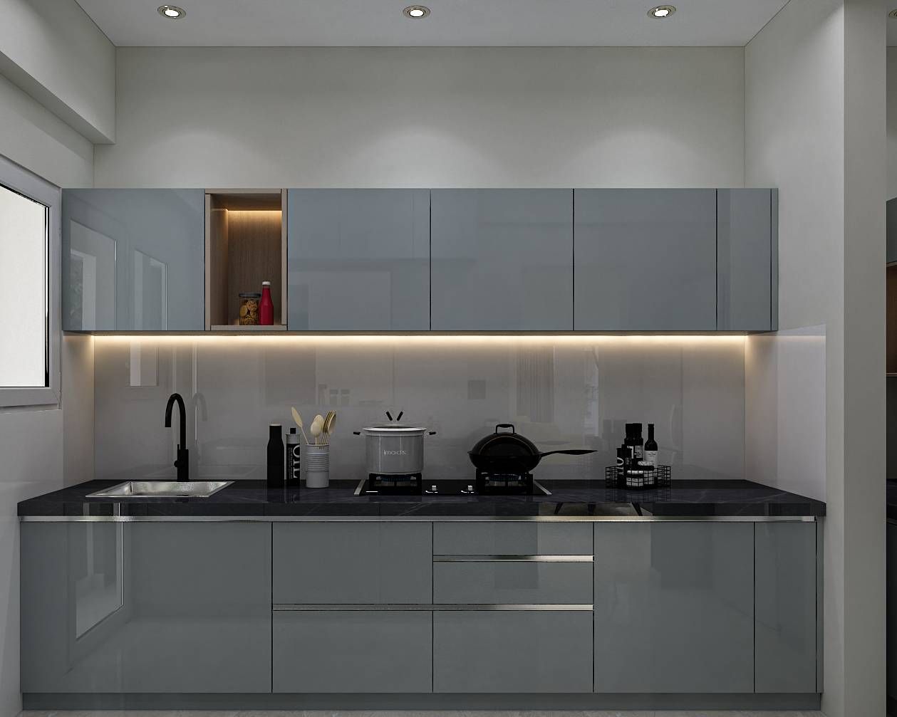 Modern Parallel Kitchen Interior Design With Strip Lighting