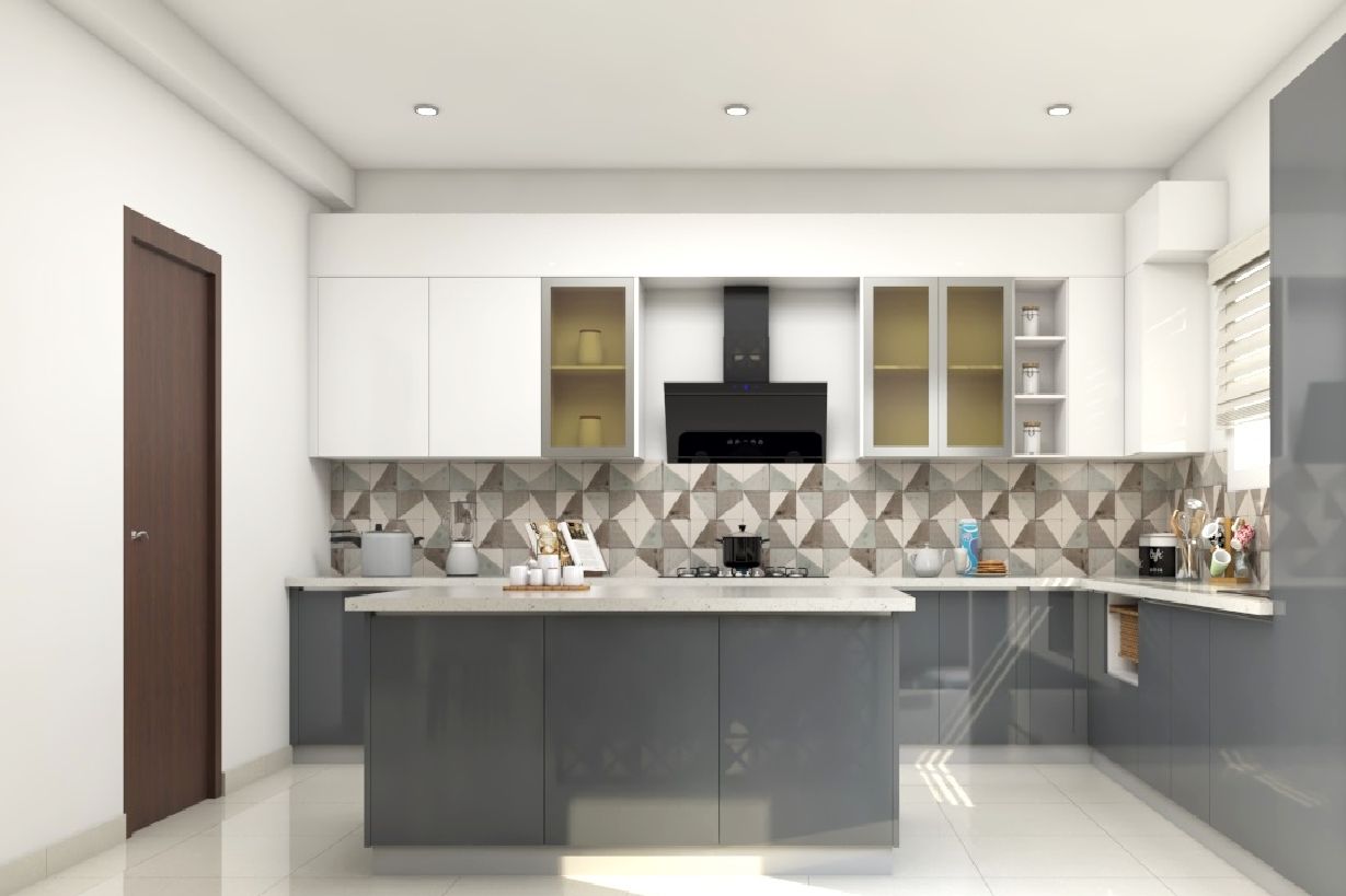 Grey And White Themed Modular Kitchen Design With Kitchen Island