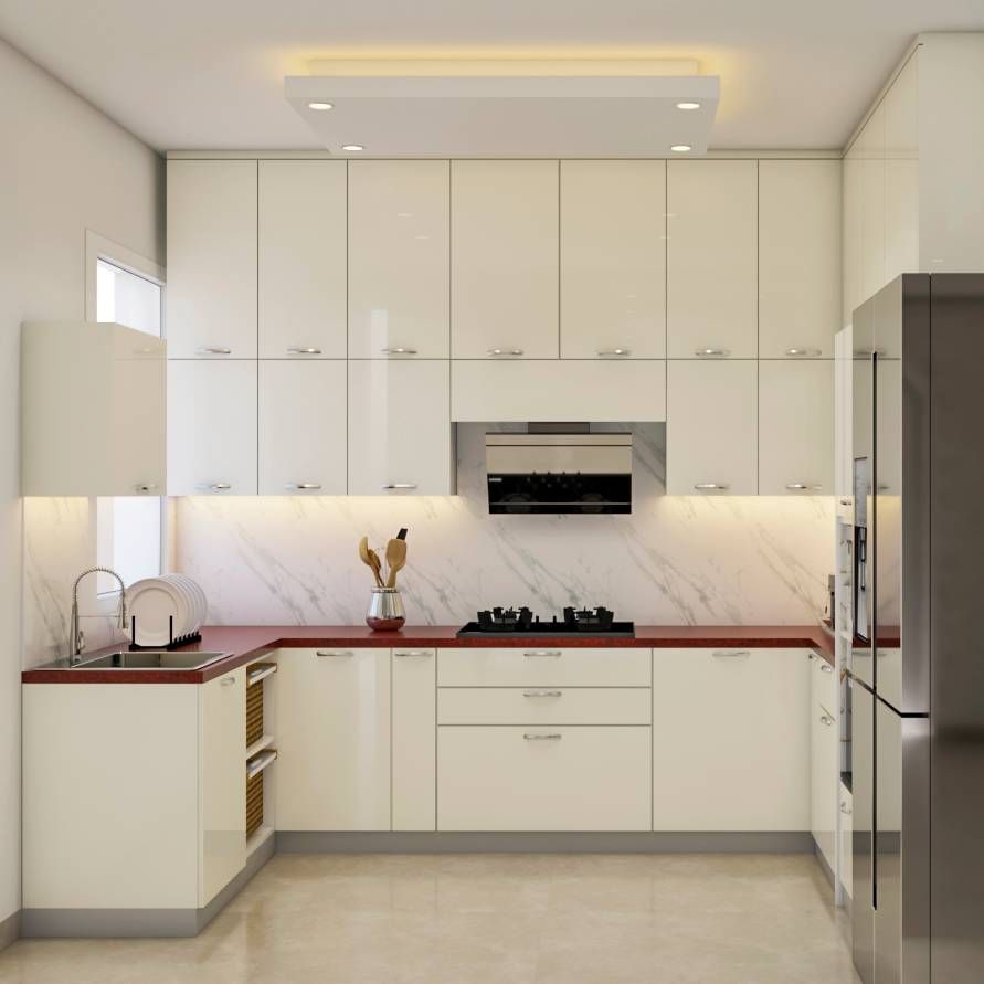 Modern L-Shaped Modular Kitchen Design With Dado Tiles