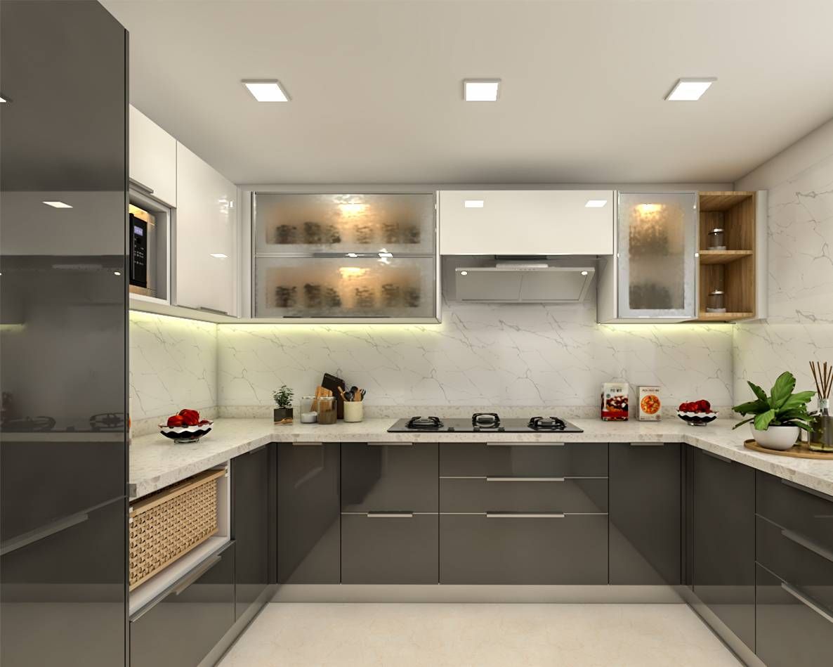 Modern U-Shaped Modular Kitchen Design In Grey And White