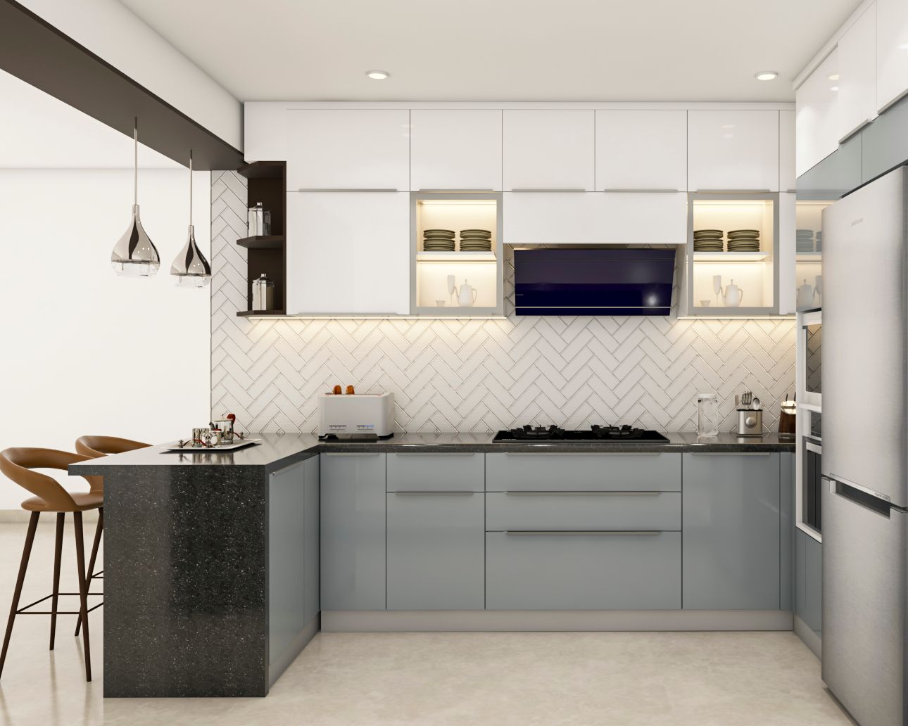 Modern Blue And White Kitchen Design With Breakfast Counter