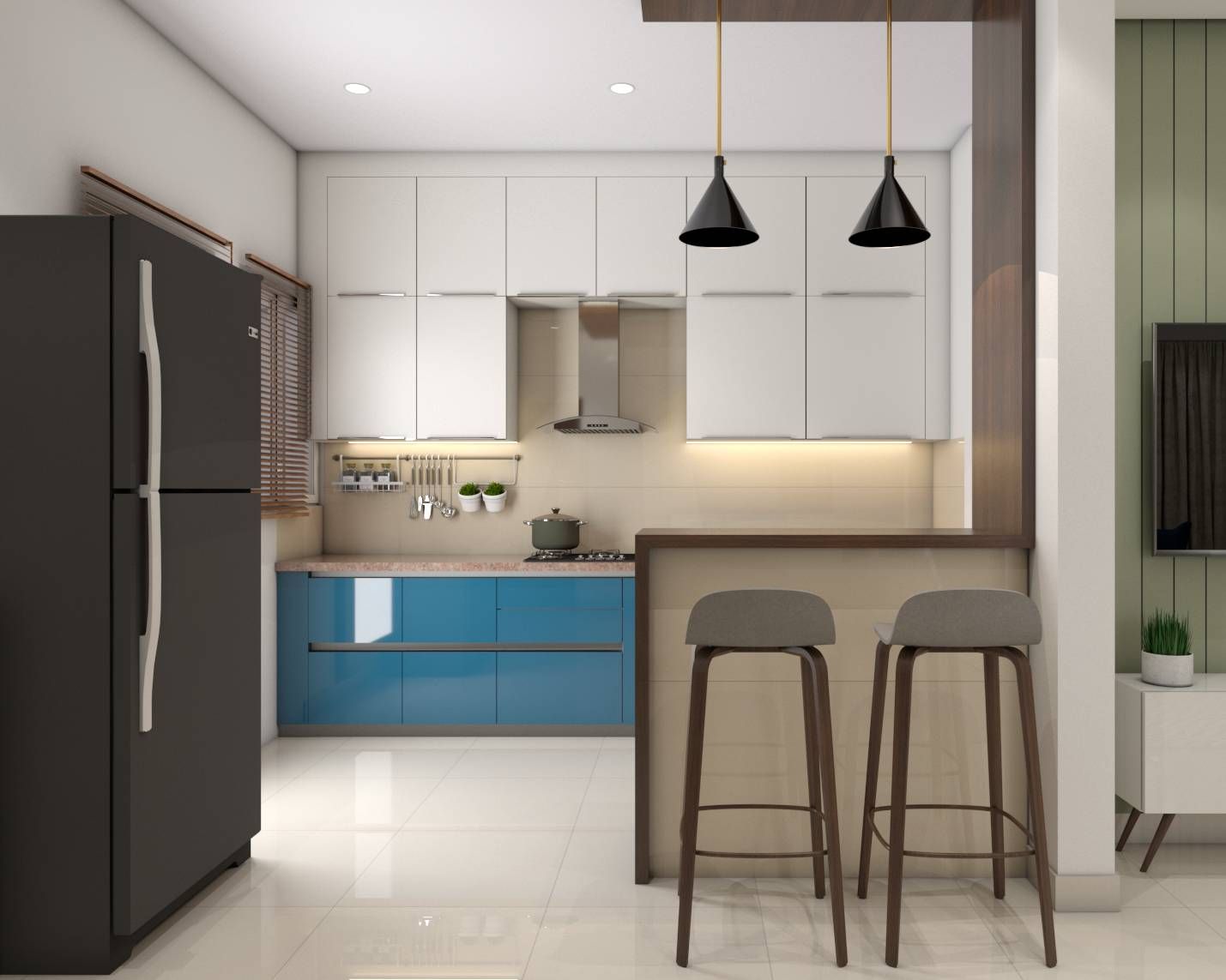 Modern Blue And White Modular Kitchen Design For Rental Homes