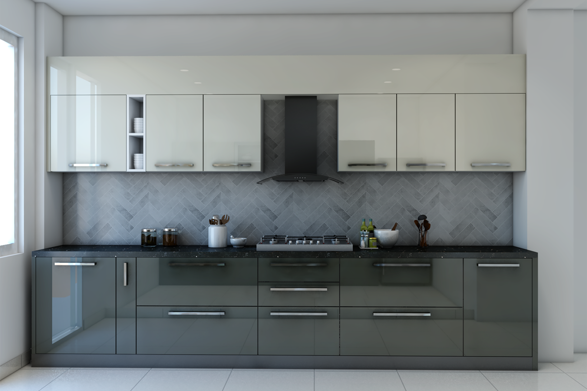 Modern Spacious Parallel Kitchen With Grey And White Cabinets