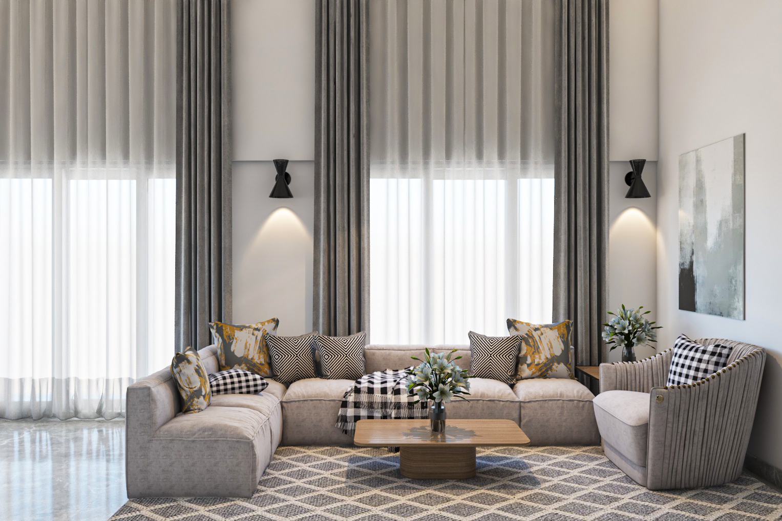Grey Spacious Living Room Design With L-Shaped Sofa | Livspace