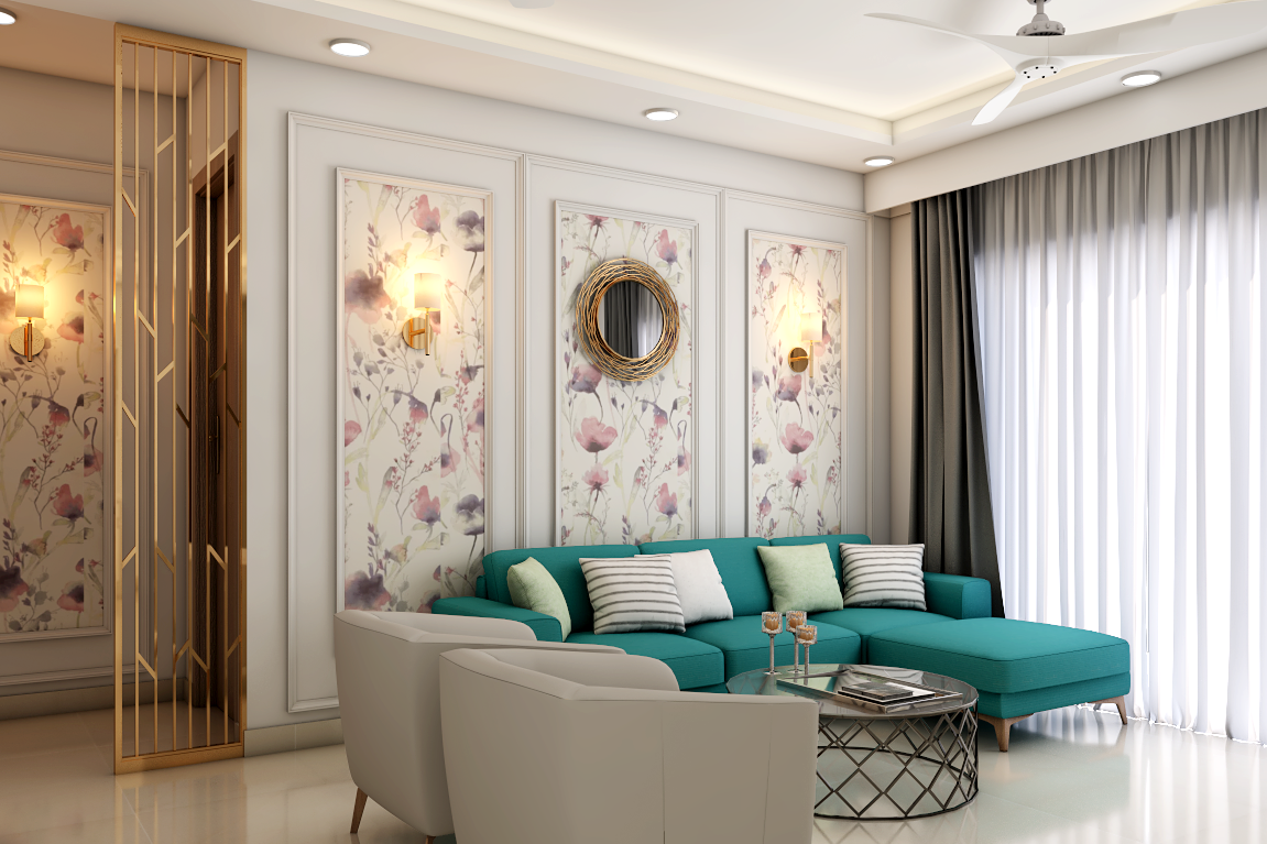 Compact Living Room Design With Floral Wallpaper Livspace