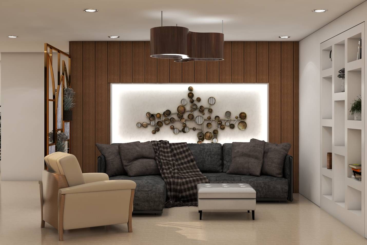 Contemporary Spacious Living Room Design With Wooden Panel