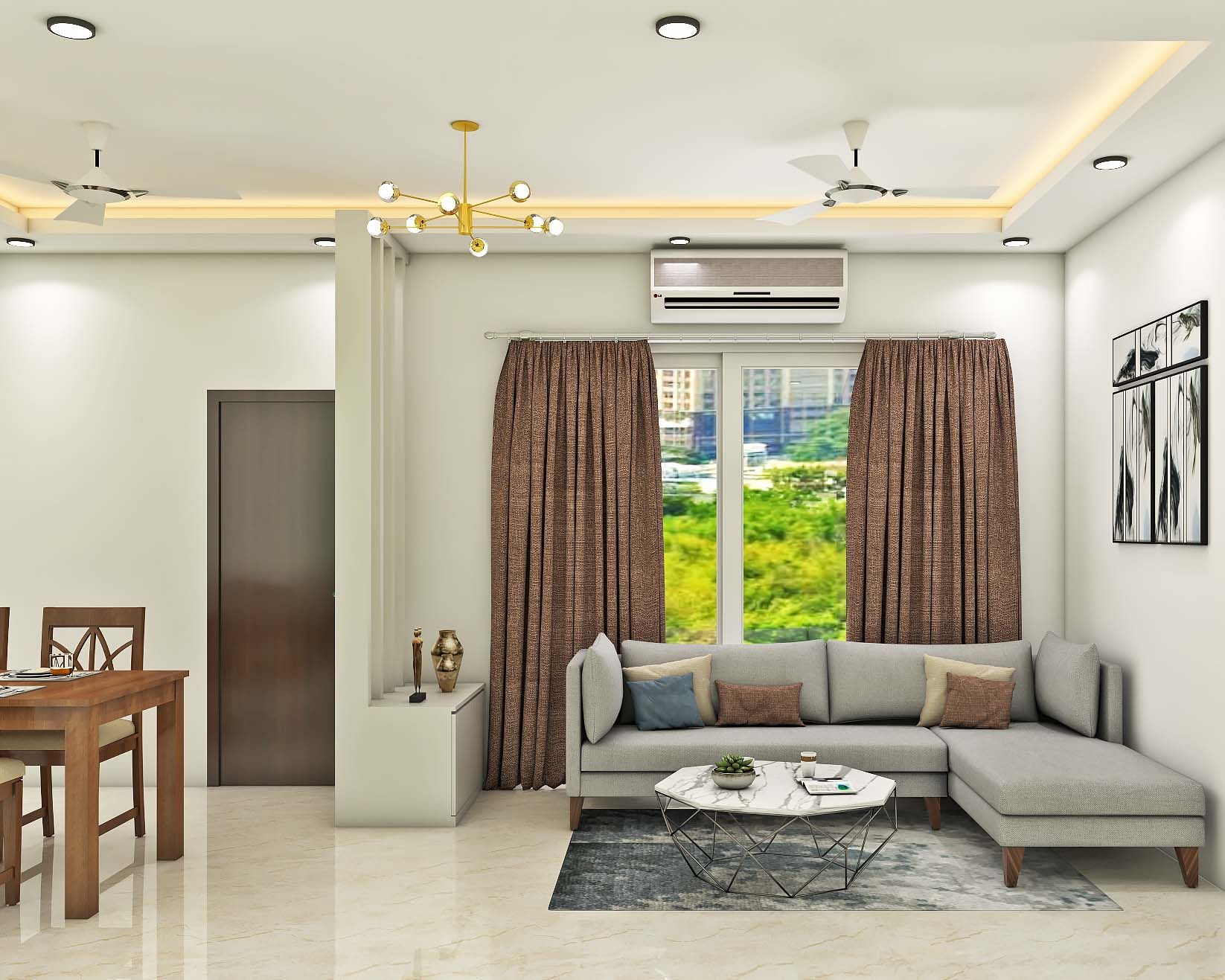 Contemporary Living Room Design With Grey L-Shaped Sofa