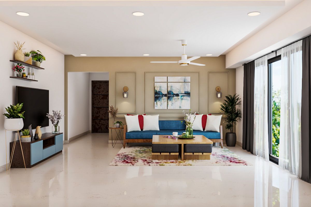 Contemporary Living Room With Wall Trims And Blue Three-Seater | Livspace