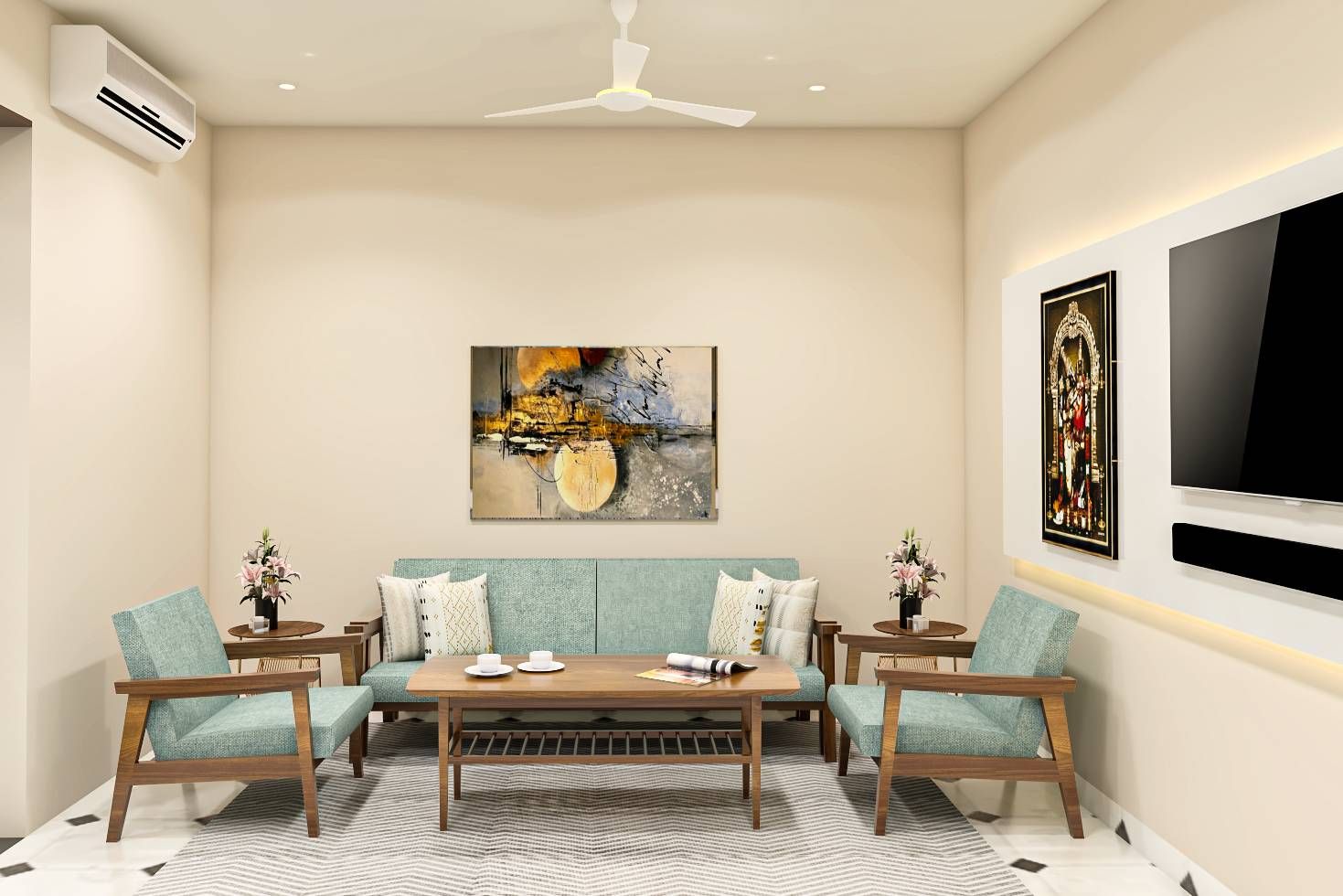 Modern Living Room Design With Blue Upholstered Seating
