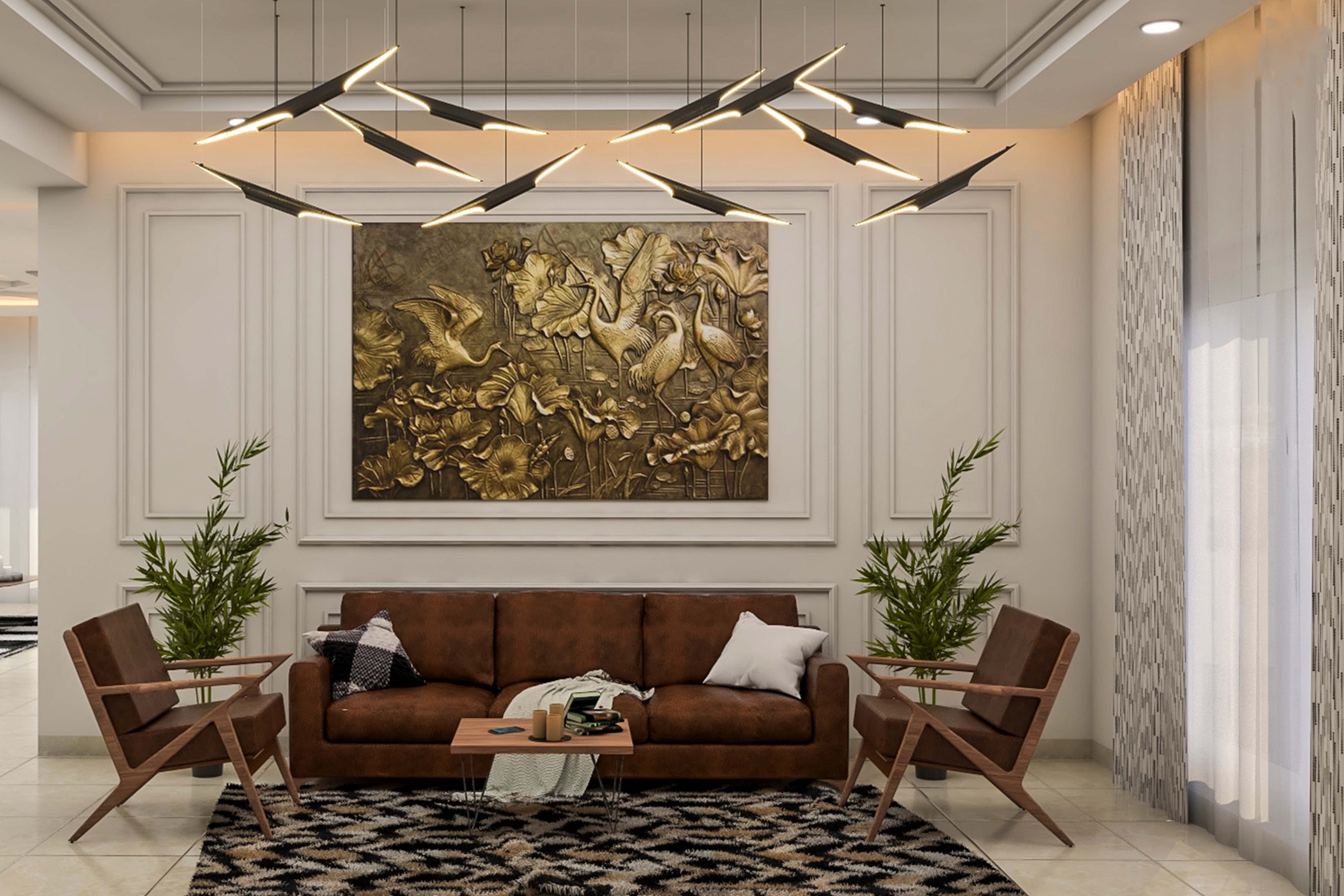 Modern Spacious Living Room Design With Wall Trims | Livspace