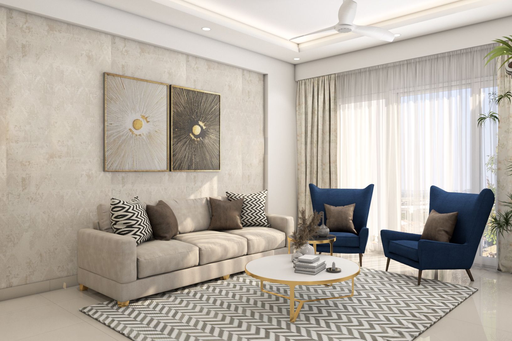 Modern Living Room Design With Beige Coloured Sofa And Blue Armchairs