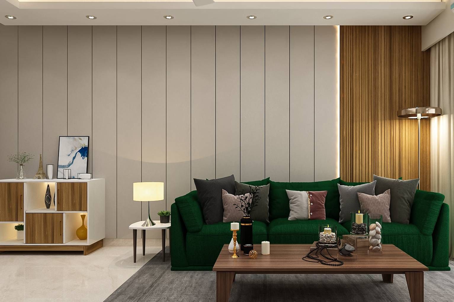 Modern Living Room Design With Dark Green Seater