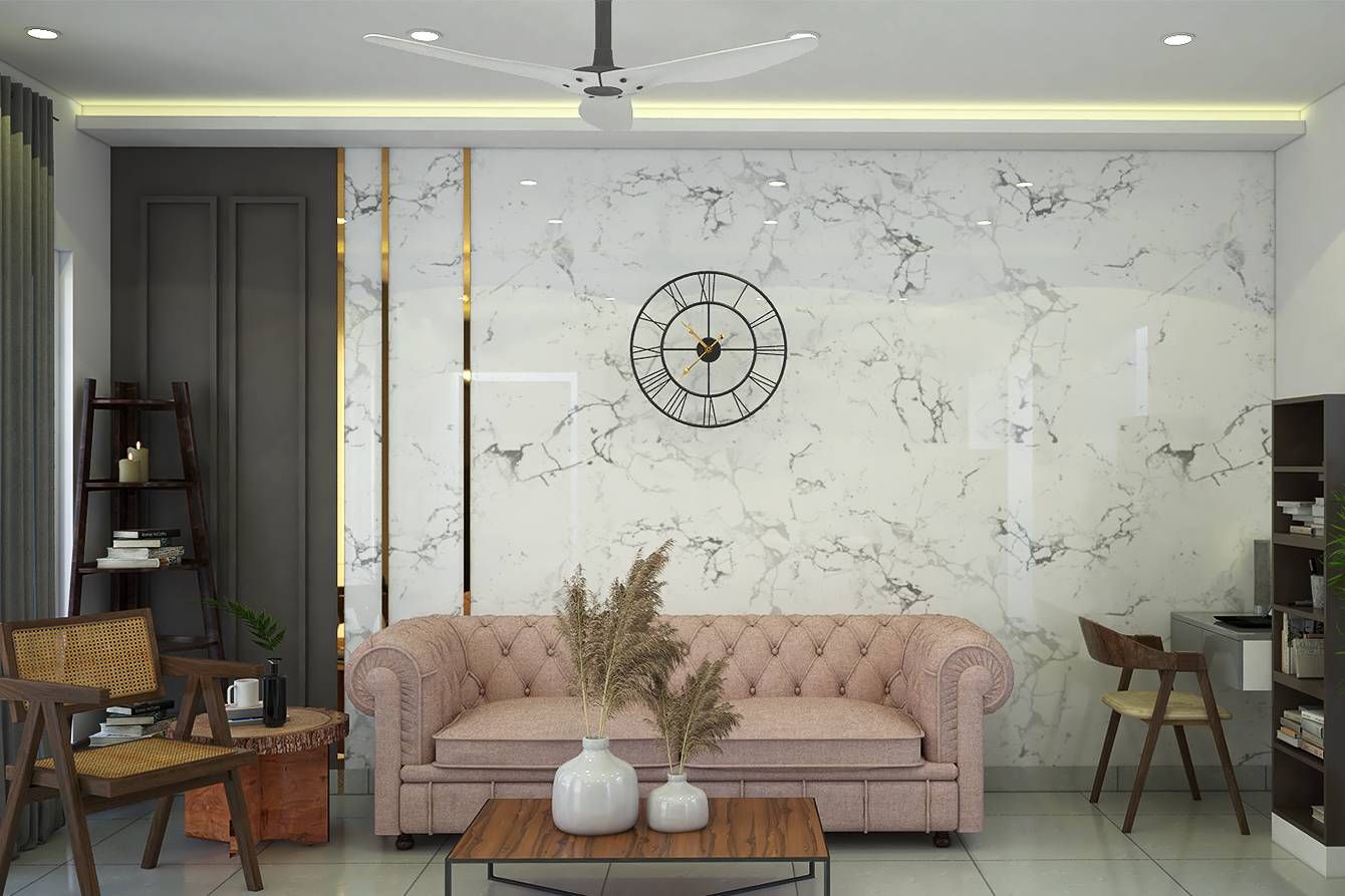 Contemporary Living Room with Marble Accent Wall and Golden Strips
