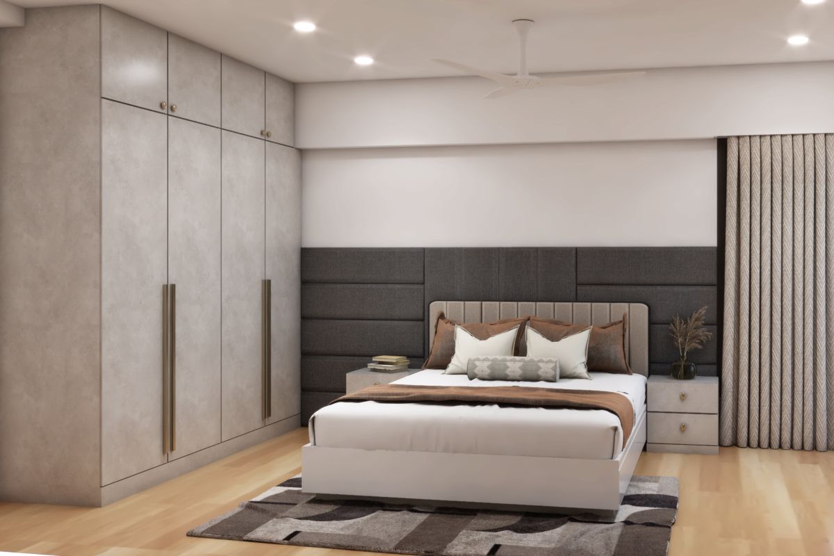 Grey Spacious Master Bedroom Design With Upholstered Headboard | Livspace
