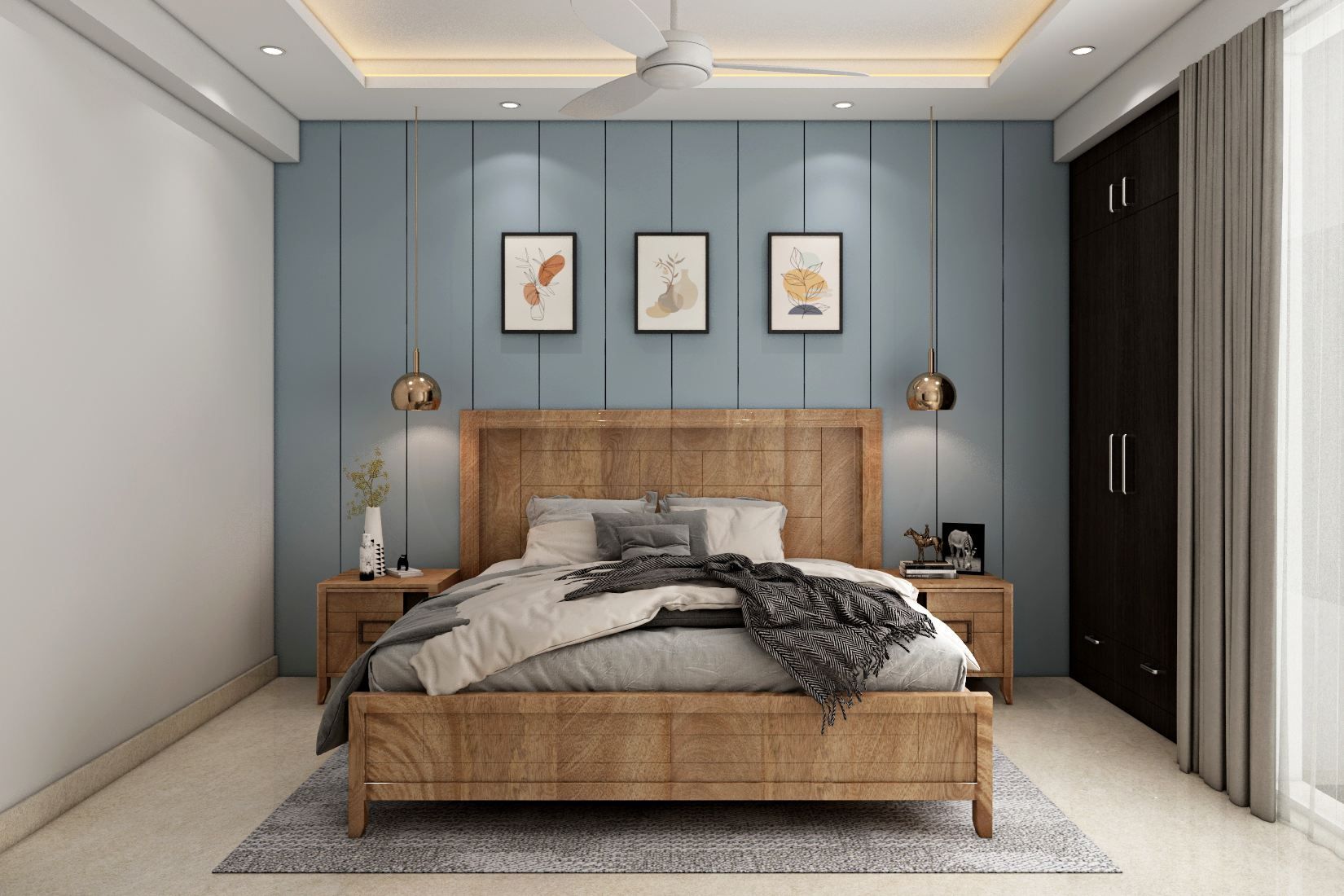 Modern Spacious Master Bedroom Design With Blue Panelled Accent Wall