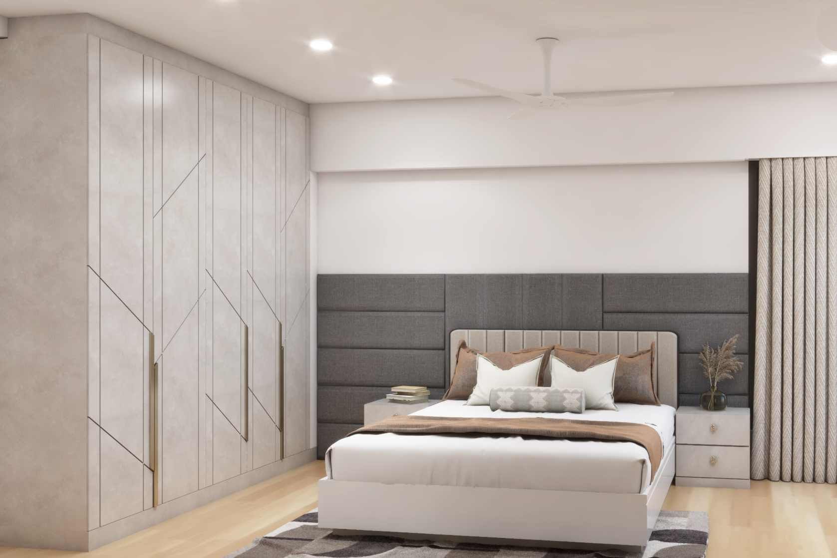 Contemporary Master Bedroom Design With Grey Wardrobe | Livspace