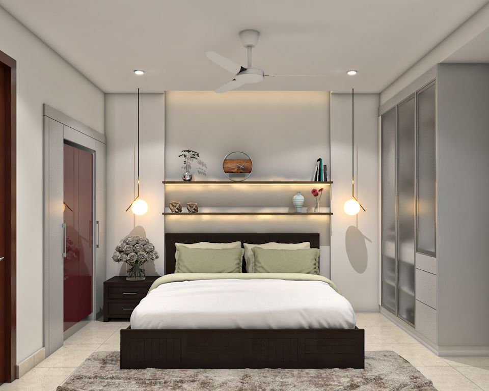 Contemporary Master Bedroom Design With Dark Coloured Bed And Hanging Pendant Lights