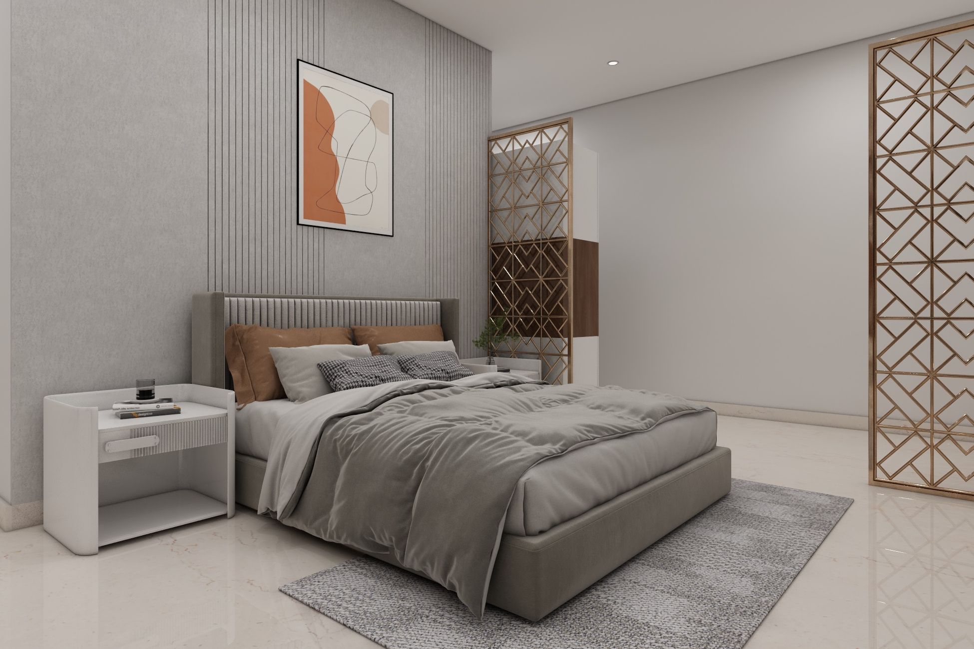 contemporary-grey-themed-master-bedroom-design-with-golden-partition