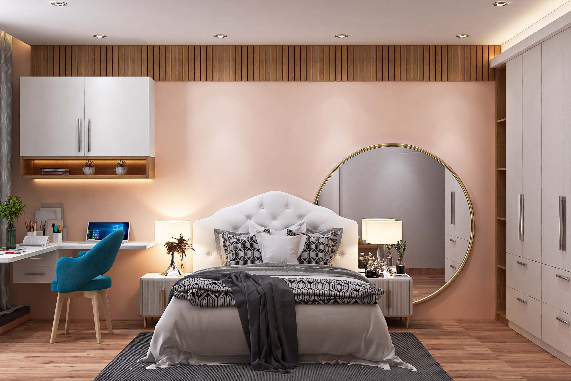 Spacious Master Bedroom Design With Pink Wall | Livspace