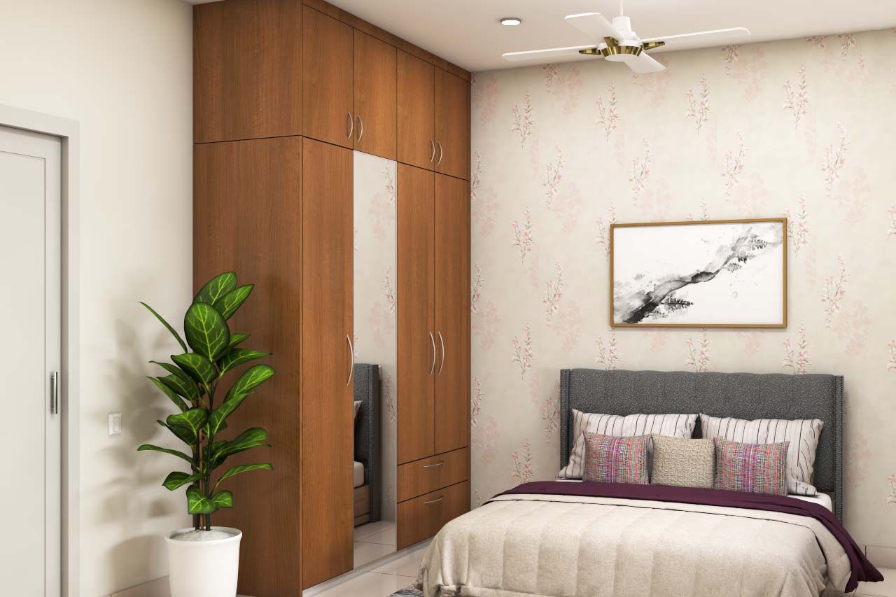 Compact Contemporary Style Guest Room Design With Floral Wallpaper And Wooden Wardrobe