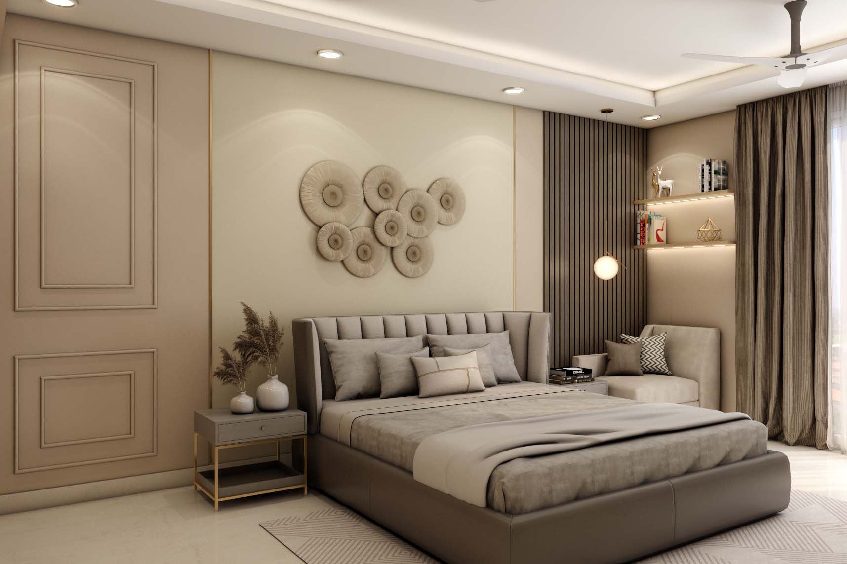 Spacious Modern Master Bedroom Design In Grey And Beige Colour